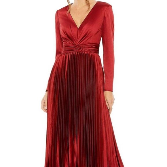 Ieena Mac Duggal Rose Red Pleated Long Sleeve Satin Midi Dress - Picture 1 of 5